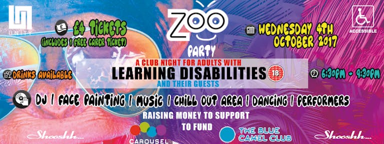 Shooshh Brighton & UNITY present ZOO PARTY! A club night for adults with learning disabilities, and their guests!