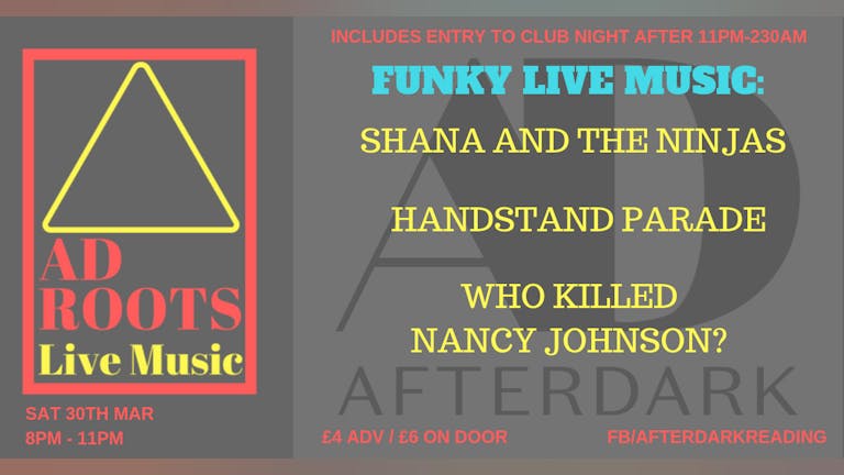 Funky Live Music • 3 x Live Bands • 8-11pm • 30th Mar