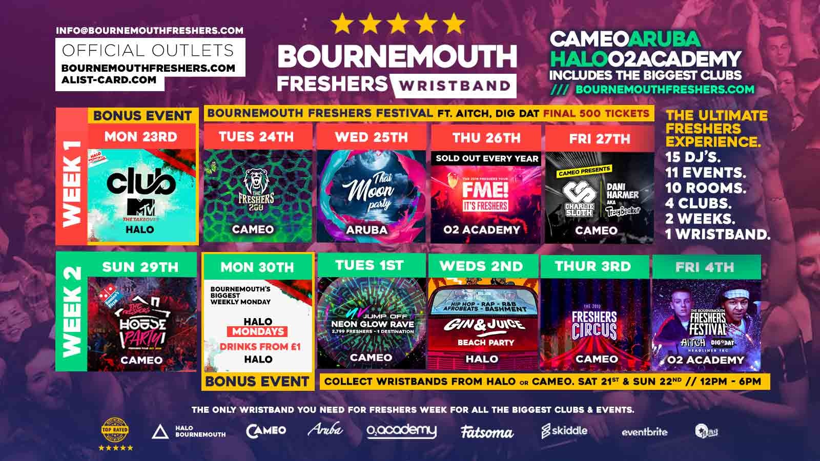 Bournemouth Freshers Wristband 2019 // Bournemouth Freshers 2019 // Cameo – Halo – O2 Academy – Aruba