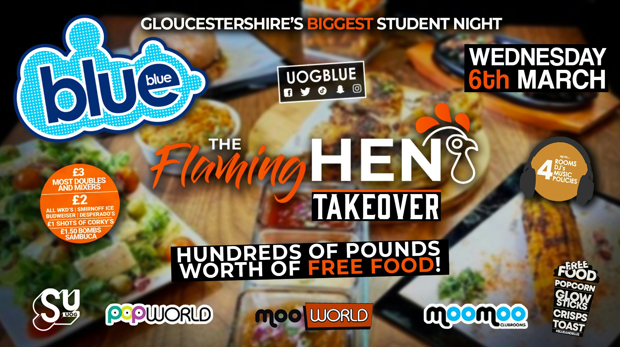 Blue and Blue – Flaming Hen Takeover! 🐔 Gloucestershire’s Biggest Student Night