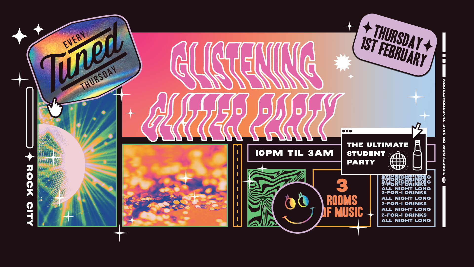 Tuned – Glistening Glitter Party – Nottingham’s Biggest Student Night – 2-4-1 Drinks All Night Long – (inc Silent Disco In Beta Room) 01/02/24