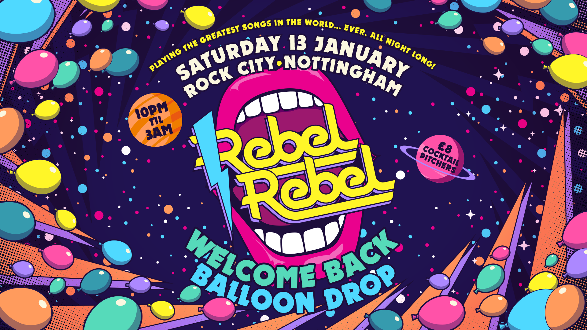 Rebel Rebel  – Welcome Back Balloon Drop! –  Nottingham’s Greatest Saturday Night – 13/01/24