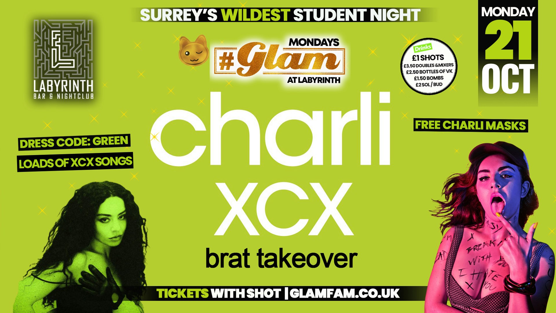 Glam – CHARLI XCX BRAT TAKEOVER 💚 Surrey’s Wildest Student Events! Mondays at Labs 😻