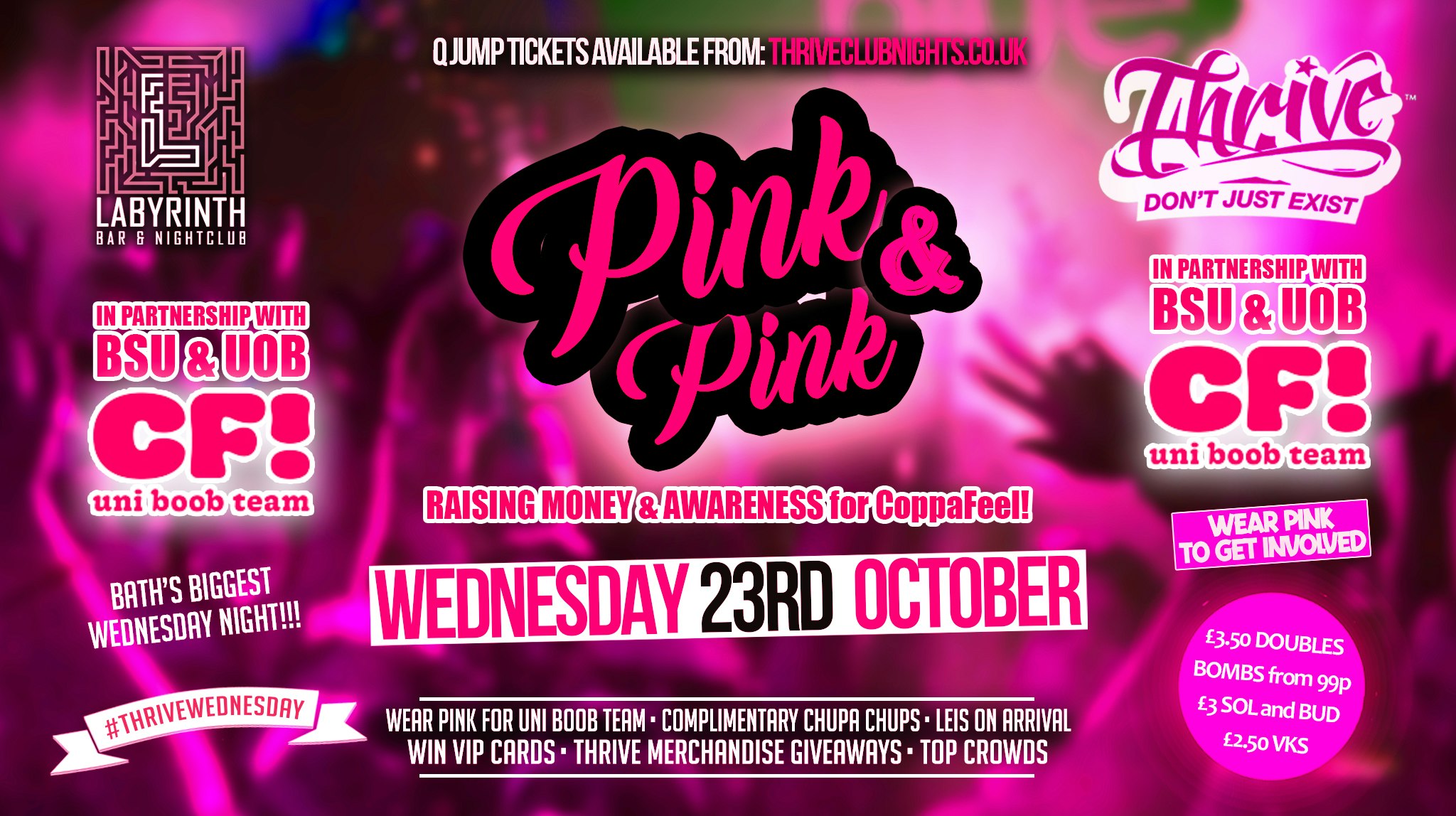 Thrive Wednesdays – 🩷 PINK AND PINK x Uni Boob Team 🩷 Bath’s Best Wednesday Night! 🥳