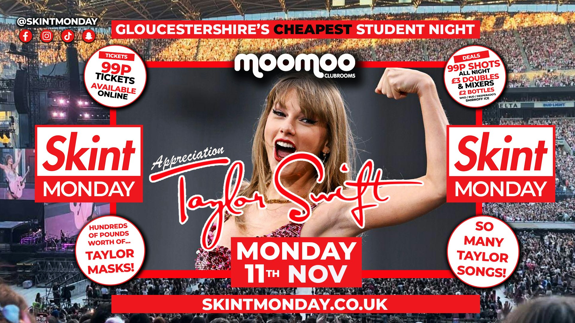 🤑 SKINT MONDAYS 💰🤩﻿ TAYLOR SWIFT APPRECIATION!! 🤩 Gloucestershire’s Cheapest Student Night 💷