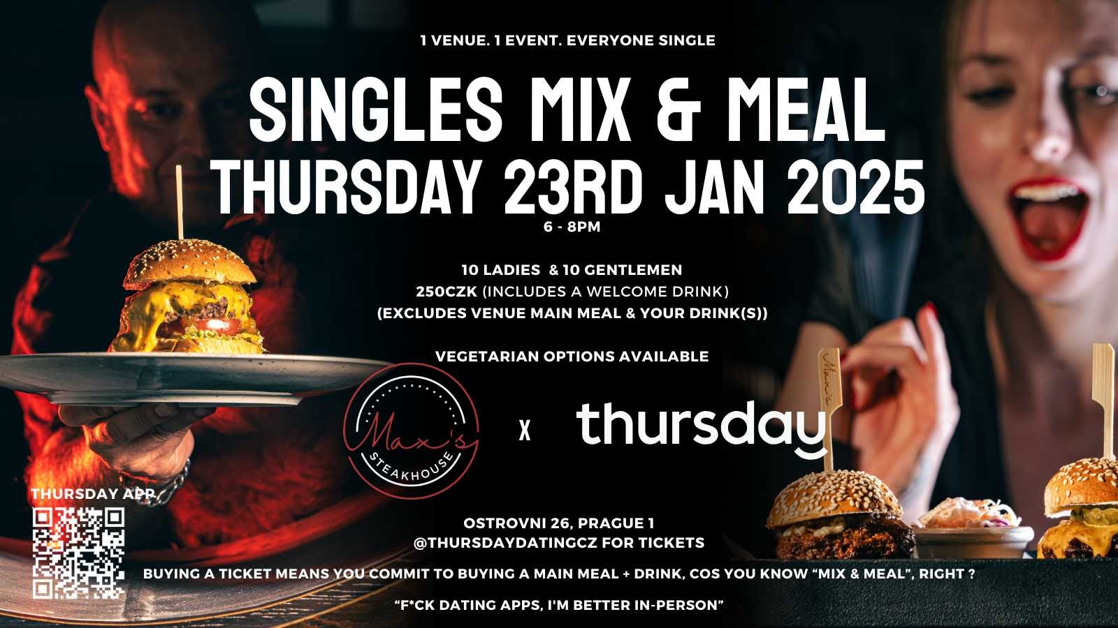 Thursday | Prague | Singles Mix & Meal | Max’s Steakhouse