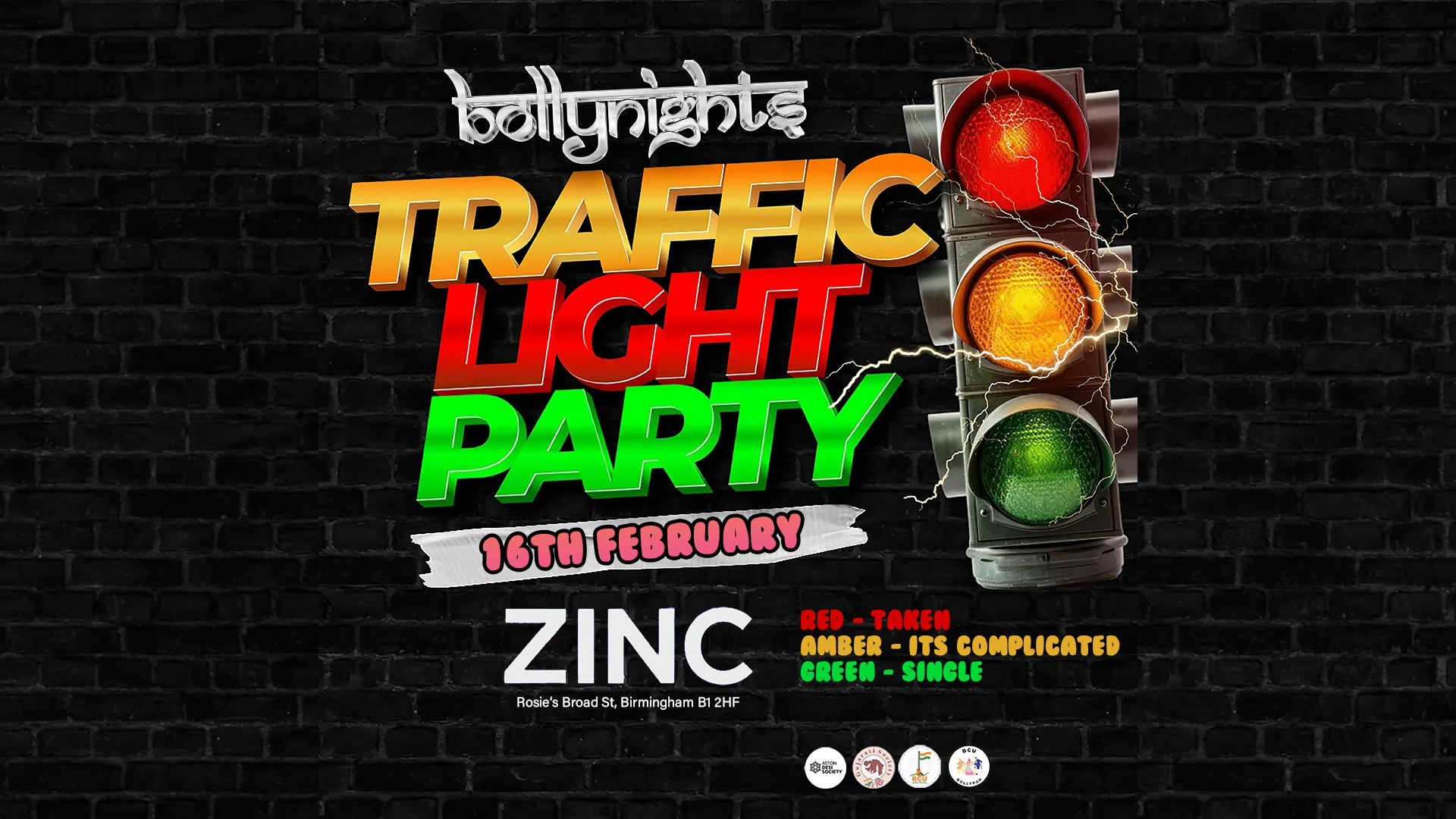 Bollynights Birmingham –  Friday 16th February Traffic Light Party 🚦 | Valentines Special in Zinc at Rosies