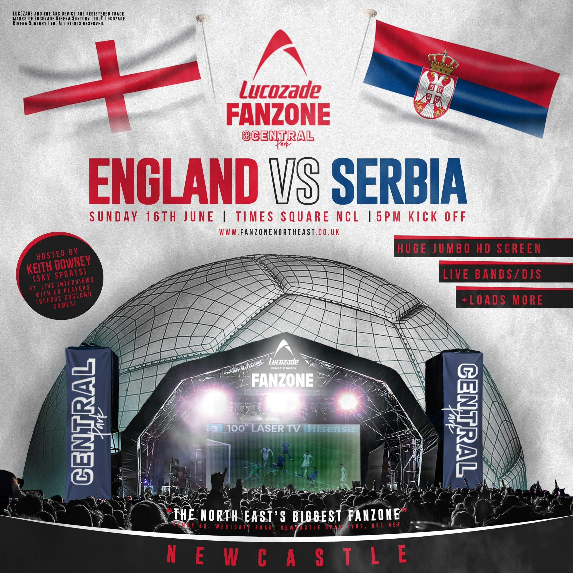 England Vs Serbia – 8pm Kick Off – Lucozade Euro 2024 Fanzone Newcastle