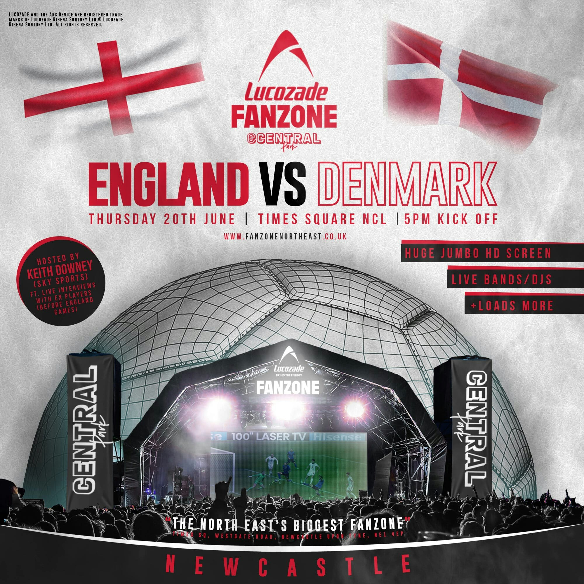 England Vs Denmark – 5pm Kick Off – Lucozade Euro 2024 Fanzone Newcastle