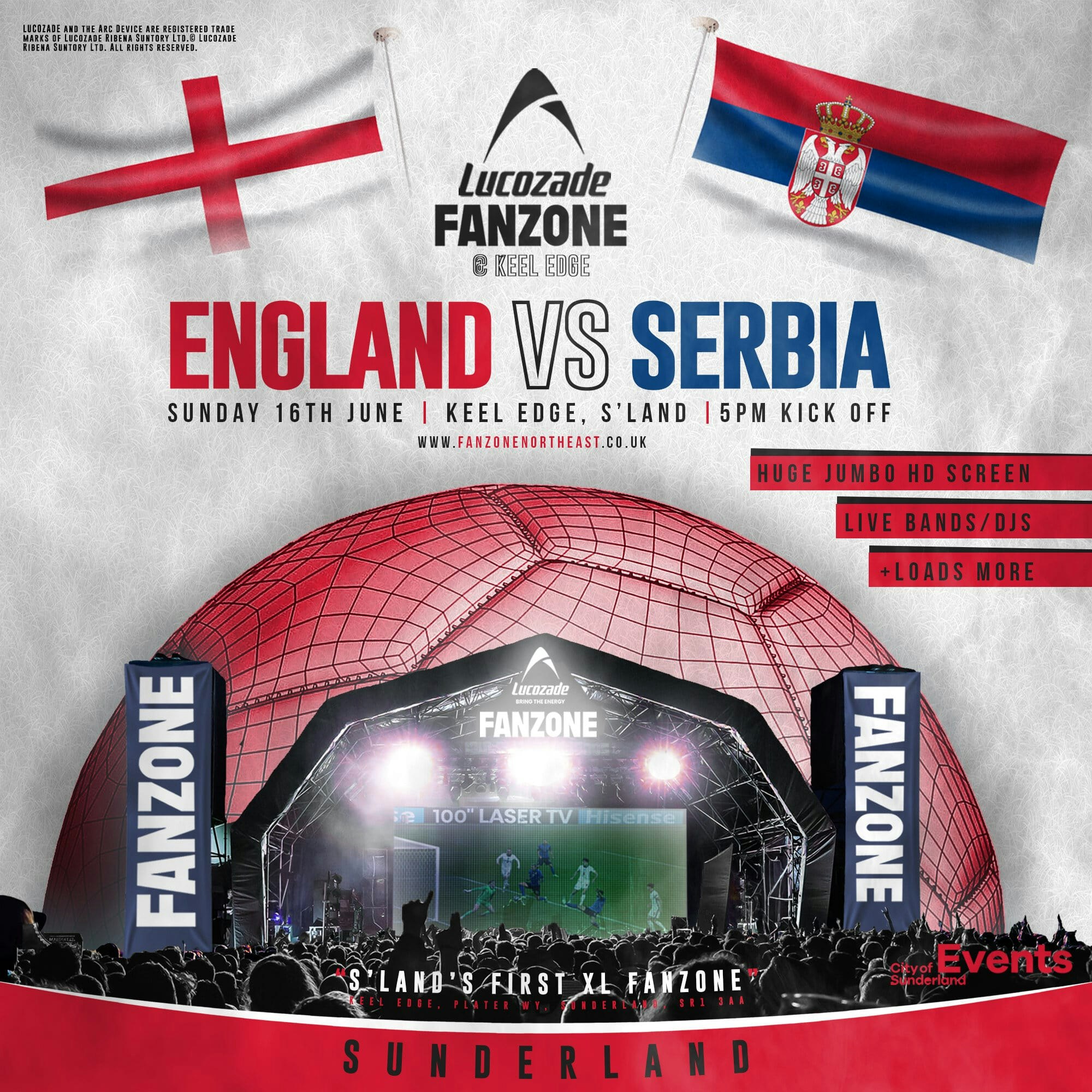 England Vs Serbia – 8pm Kick Off – Lucozade Euro 2024 Fanzone Sunderland