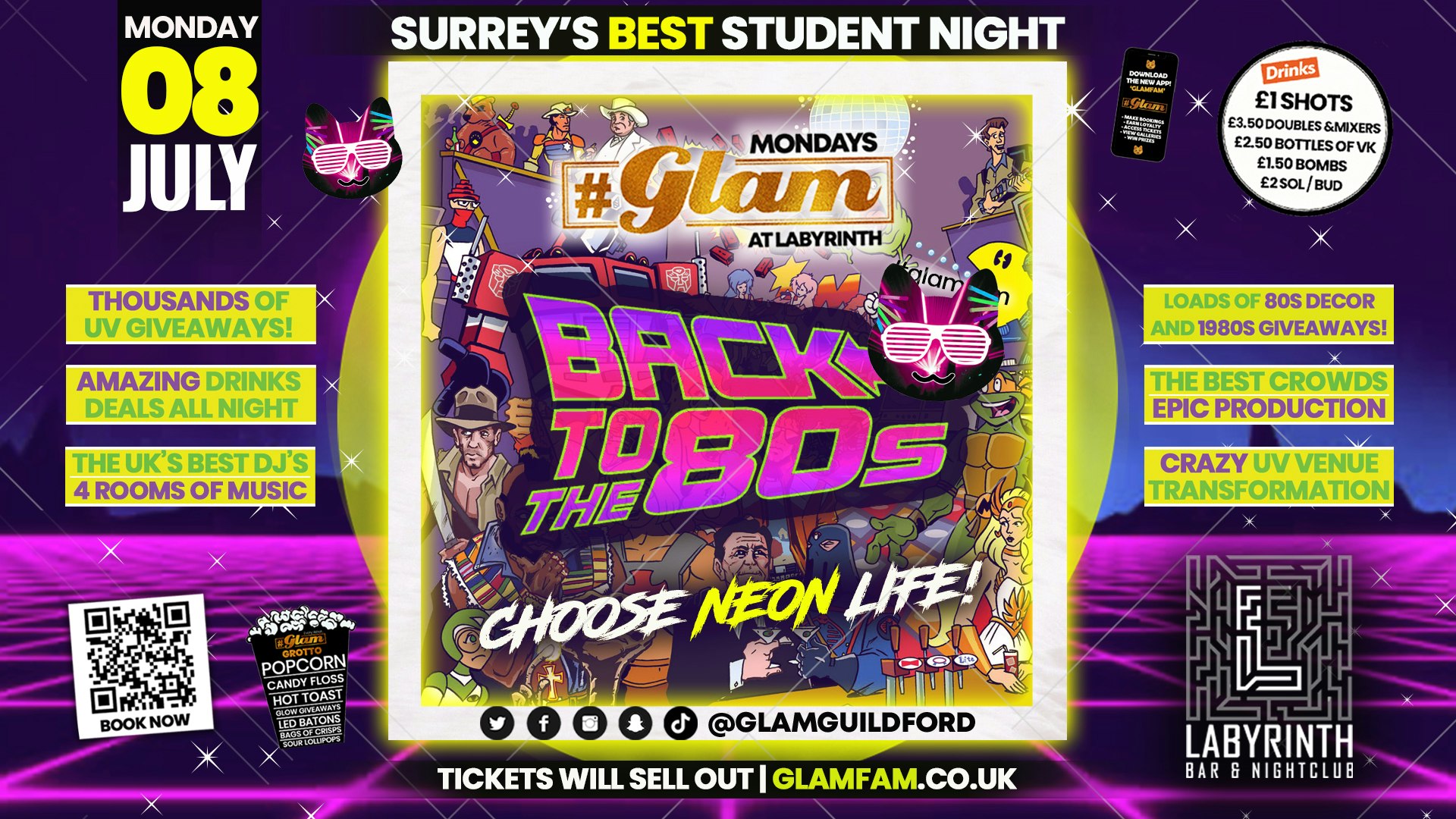 Glam – 80’s Neon Takeover! 😎 Surrey’s Best Student Events! Mondays at Labs 😻