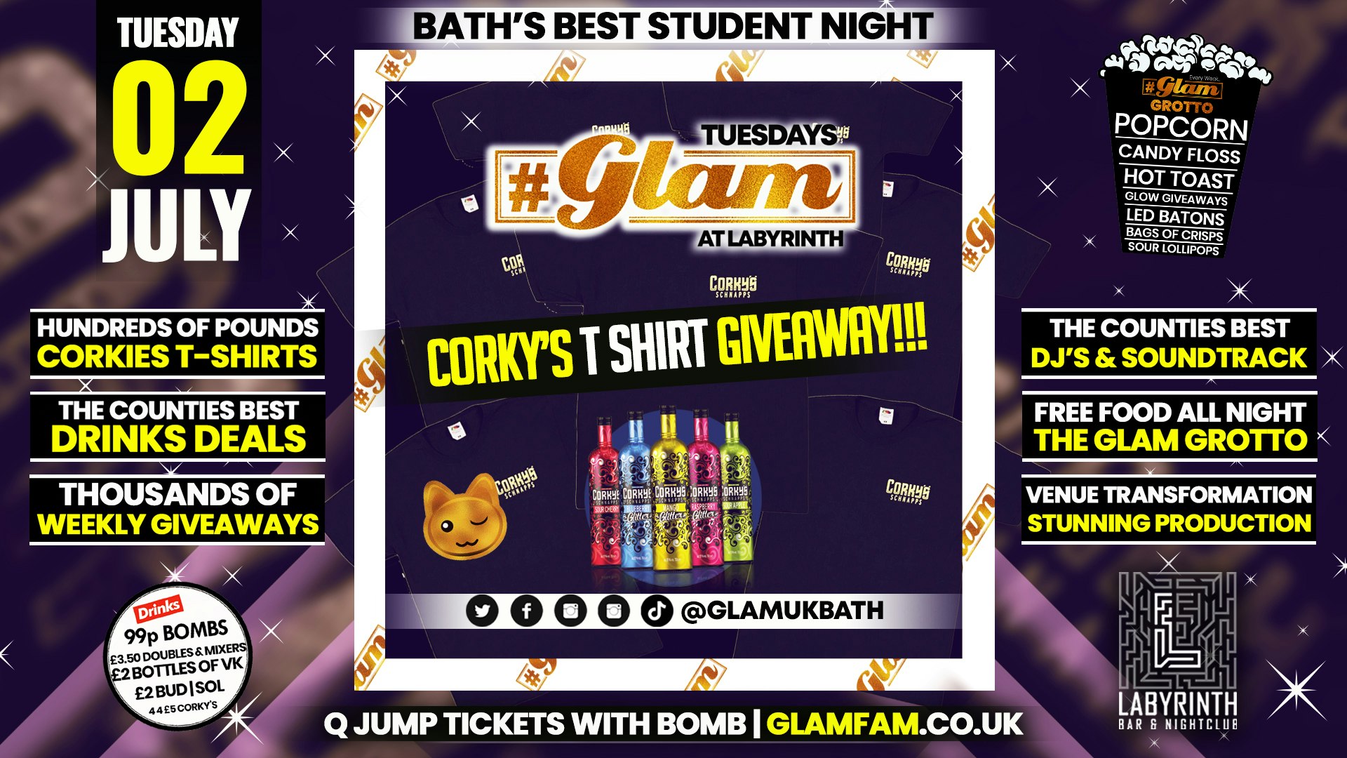 Glam – CORKY’S T SHIRT GIVEAWAY! 👕👚 Bath’s Biggest Week Night | Tuesdays at Labs 😻