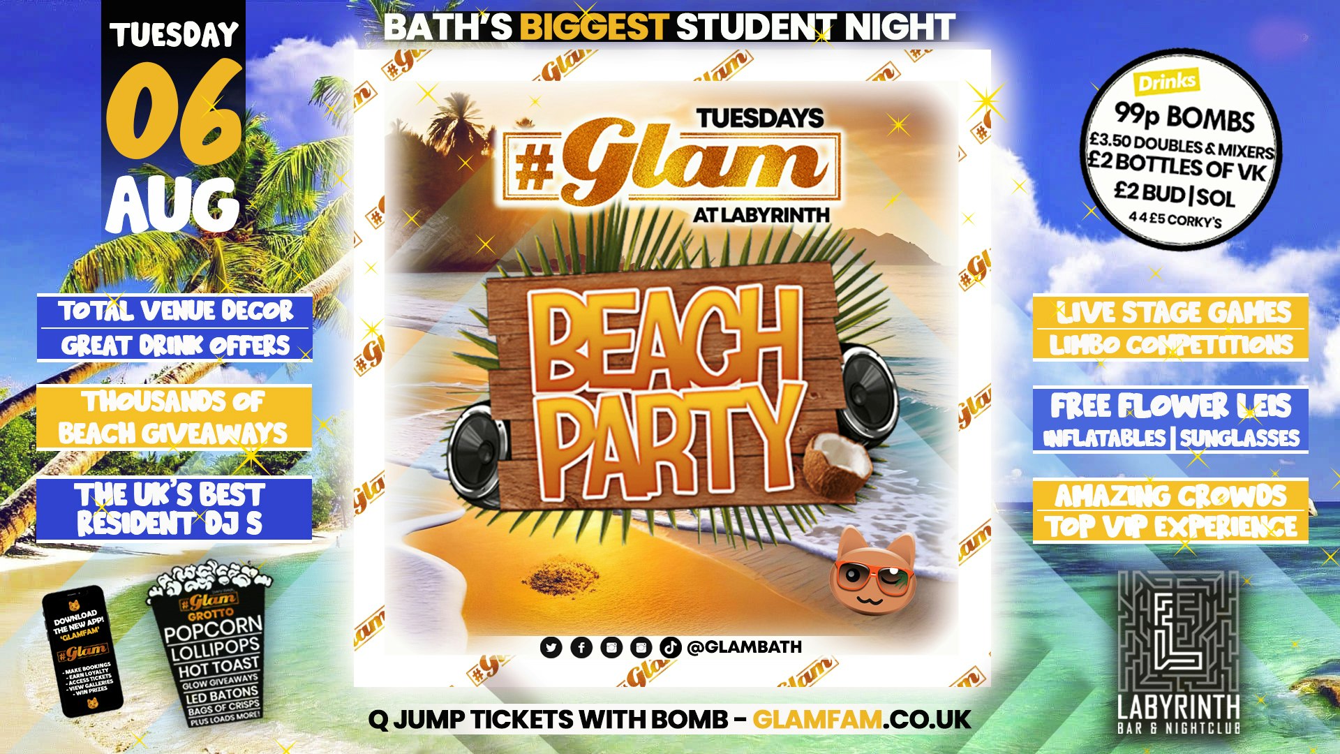 Glam – BEACH PARTY 😎 Bath’s Biggest Week Night | Tuesdays at Labs 😻