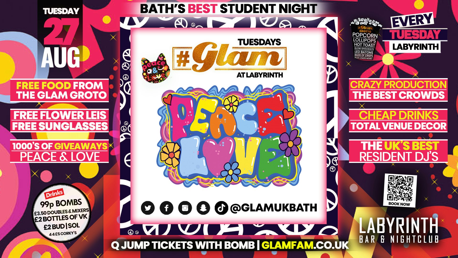 Glam – ✌️✌🏽 PEACE AND LOVE PARTY! ☮️💌 Bath’s Biggest Week Night | Tuesdays at Labs 😻