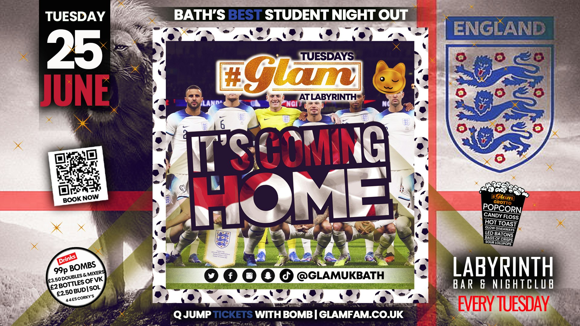 Glam – THREE LIONS PARTY! 🦁🦁🦁 Bath’s Biggest Week Night | Tuesdays at Labs 😻