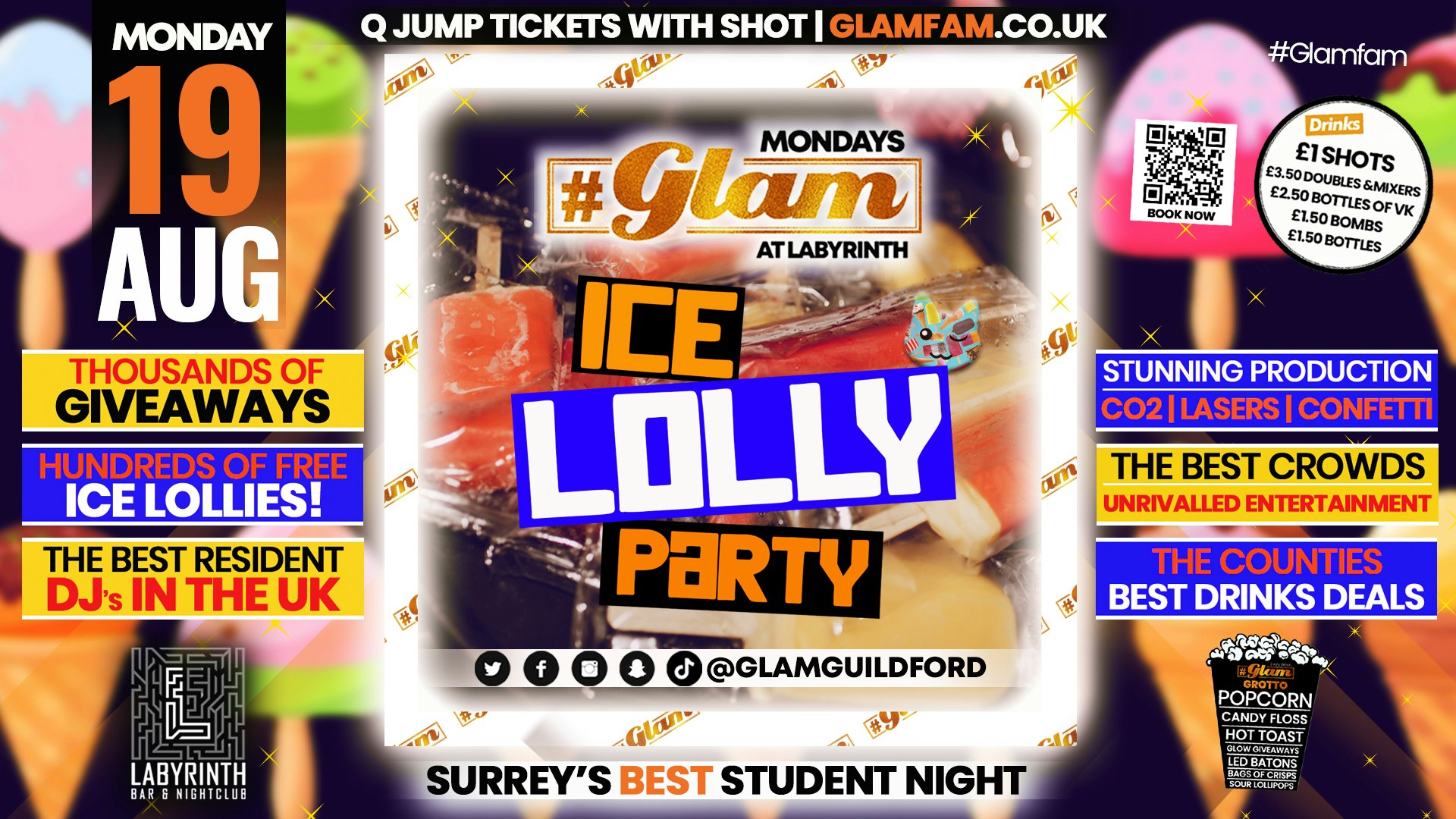 Glam – ICE LOLLY PARTY! 🧊🍭 Surrey’s Best Student Events! Mondays at Labs 😻
