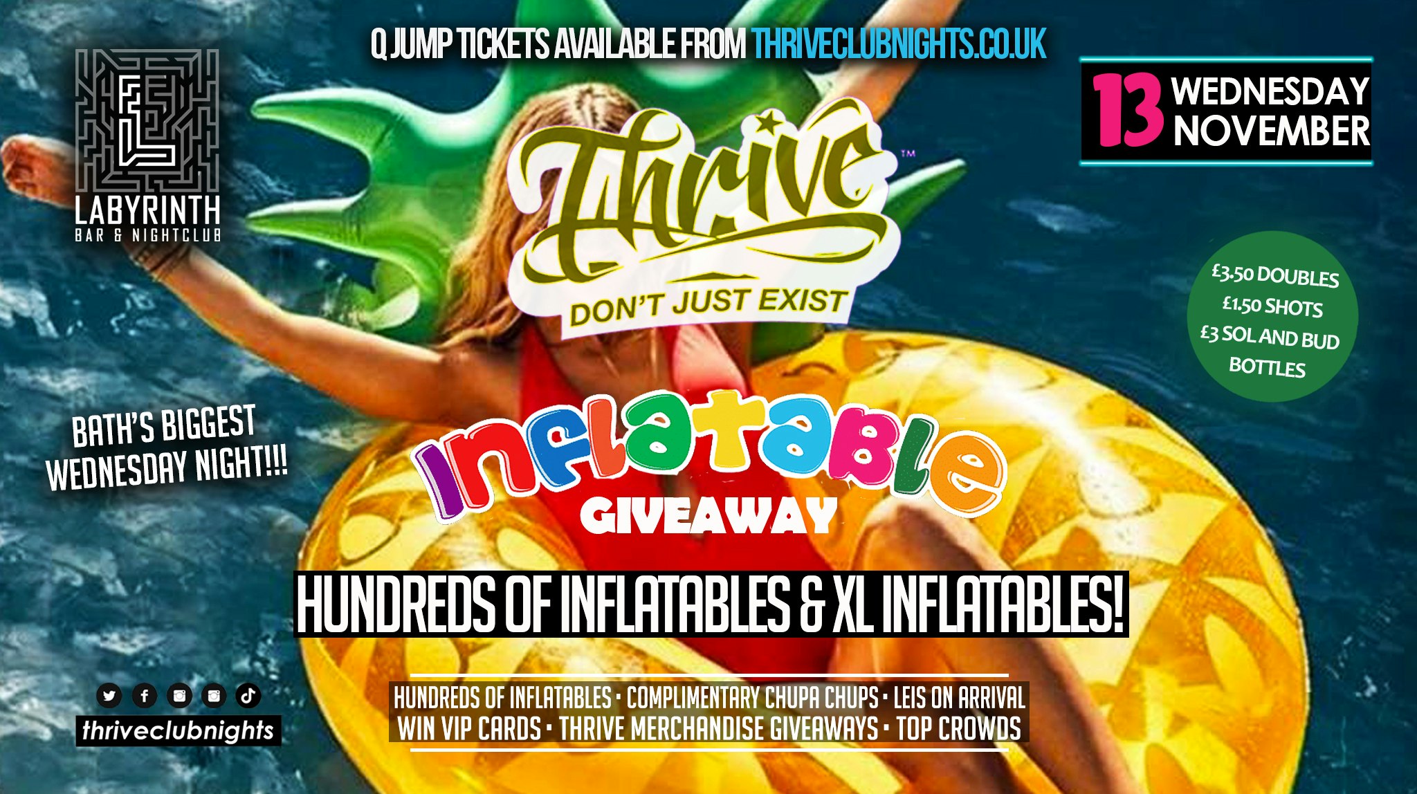 Thrive Wednesdays – 🐯 INFLATABLE GIVEAWAY! 🦄  Bath’s Best Wednesday Night! 🥳