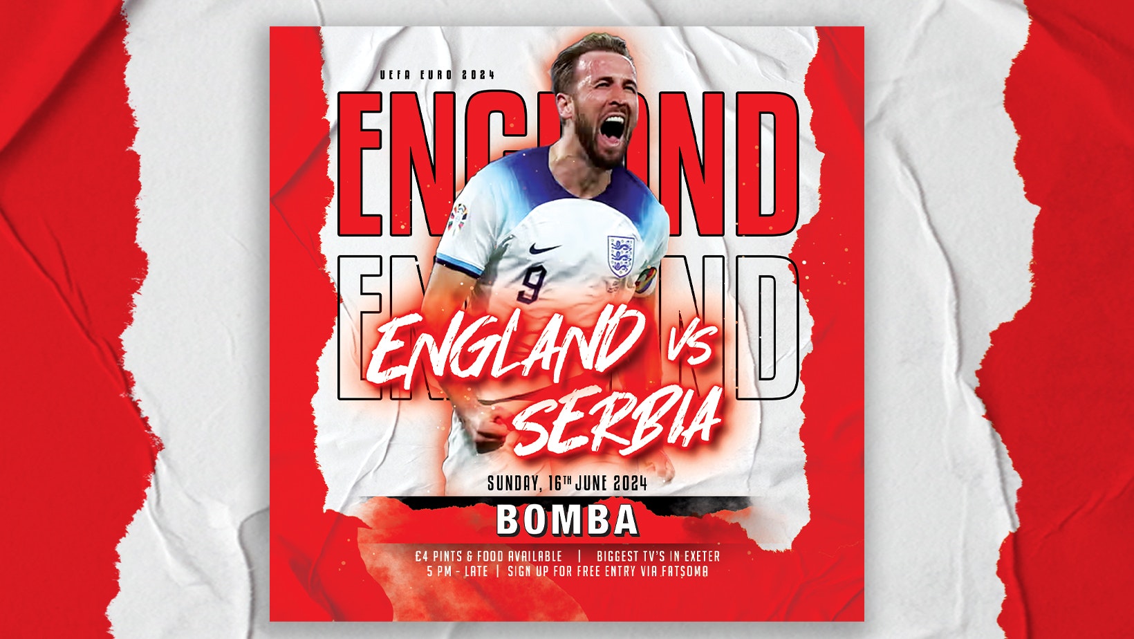 England VS Serbia – Euro’s Football 2024 – Sun 16th June – Bomba – Exeter Quay