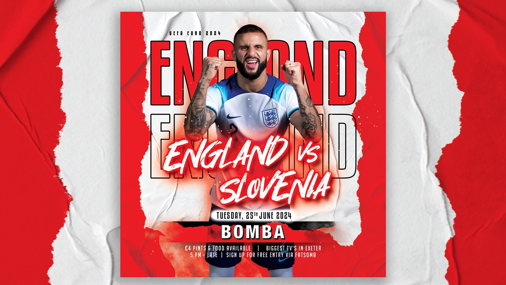 England VS Slovenia – Euro’s Football 2024 – Tues 25 June – Bomba – Exeter Quay