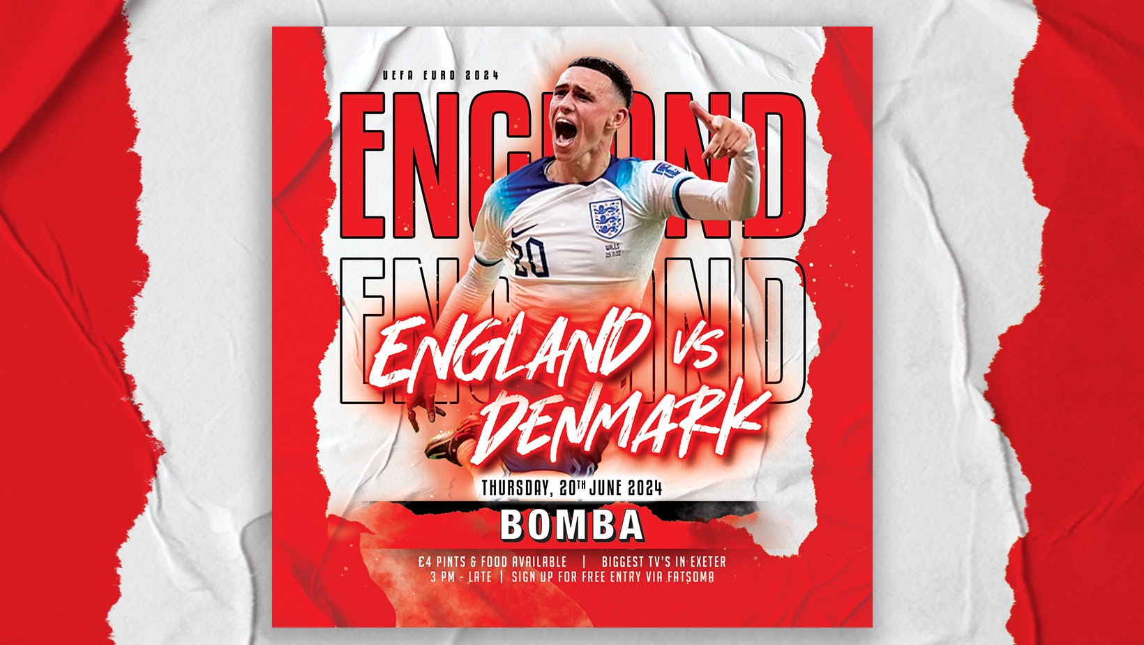 England VS Denmark – Euro’s Football 2024 – Thurs 20 June – Bomba – Exeter Quay