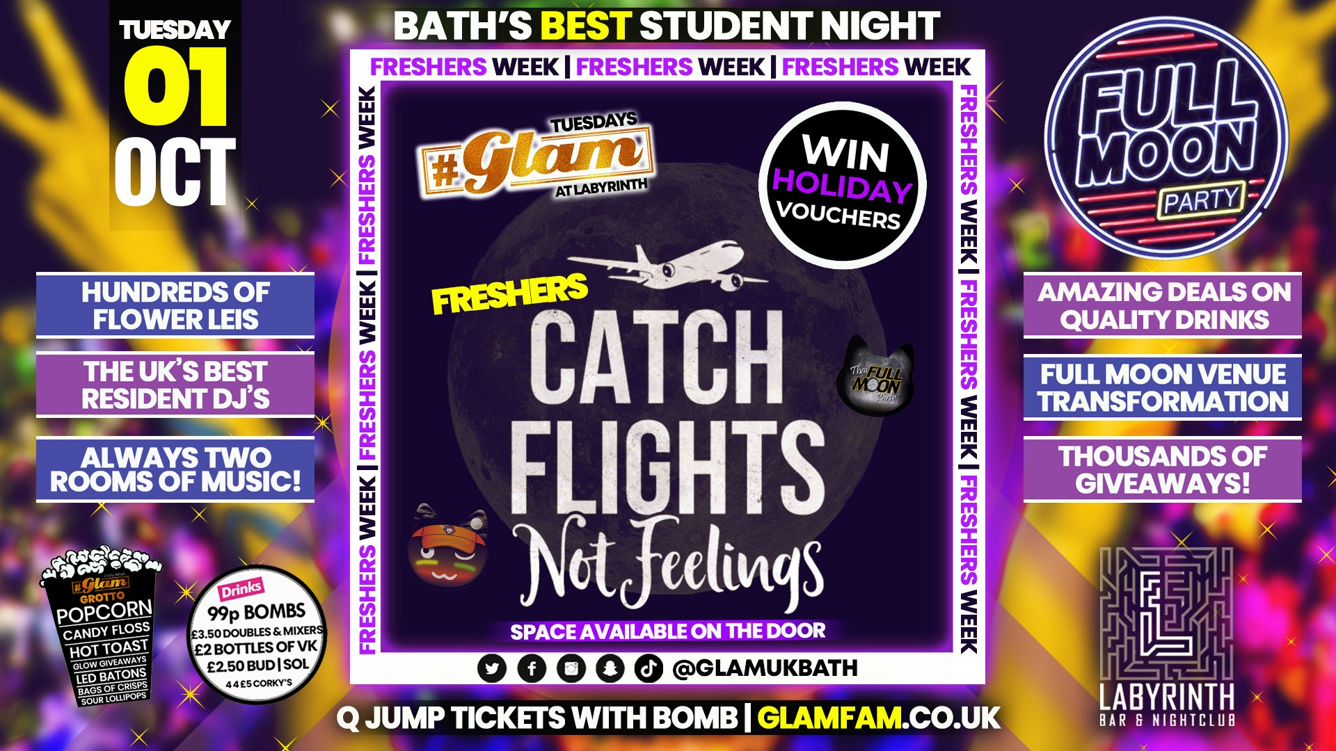 Glam – ✈️ CATCH FLIGHTS NOT FEELINGS – FULL MOON PARTY!! 🌕 Bath’s Best Student Night | Tuesdays at Labs 😻