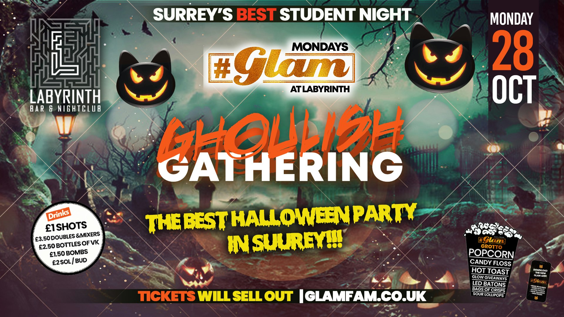 Glam – 💀 😈👻 HALLOWEEN 2024 🧟🦇⛓️ Surrey’s Wildest Student Events! Mondays at Labs 😻