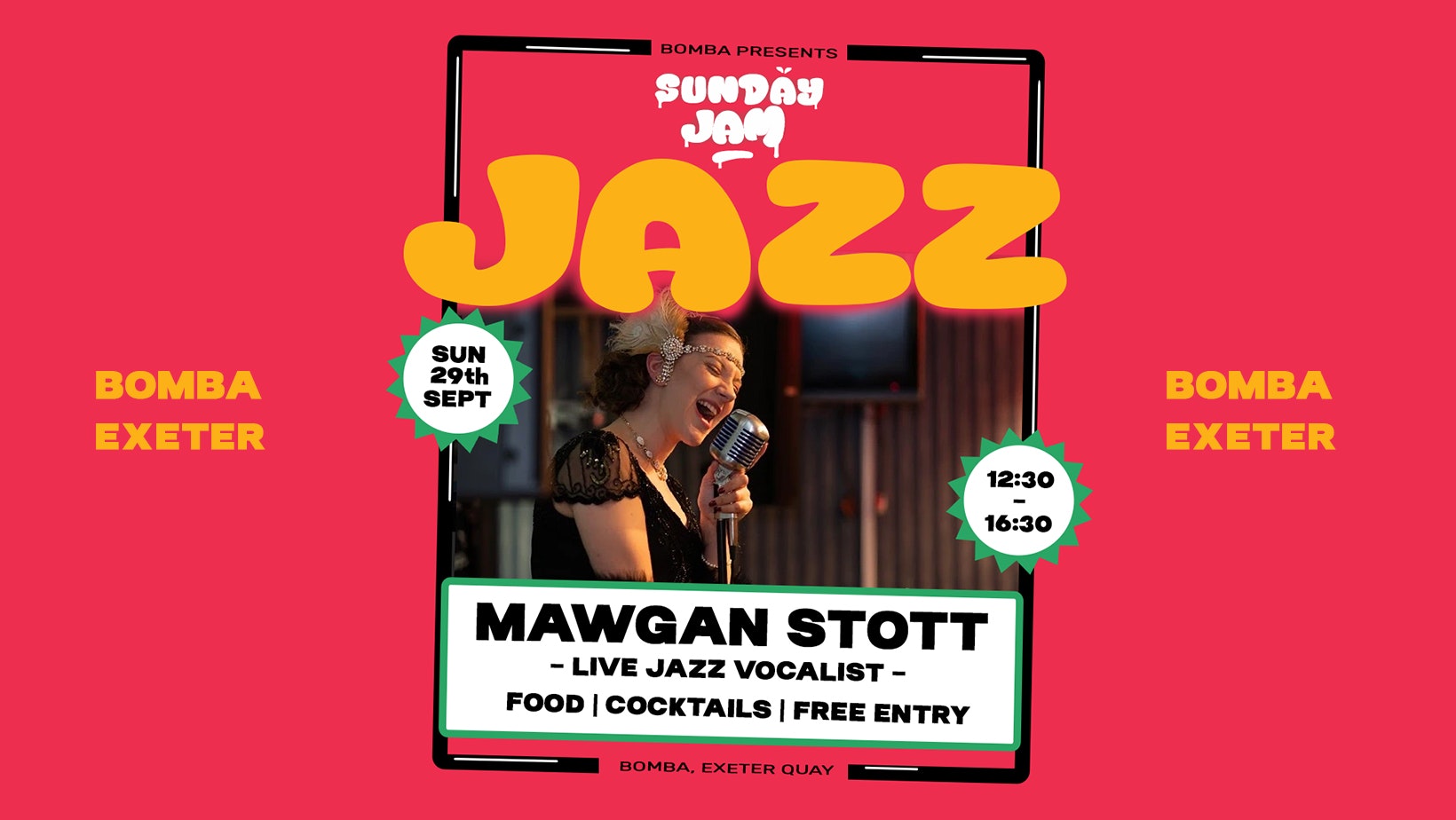 Sunday Jam – Mawgan Stott – Live Jazz Vocalist – Free Entry – Sun 29 Sept – Bomba – Exeter Quay