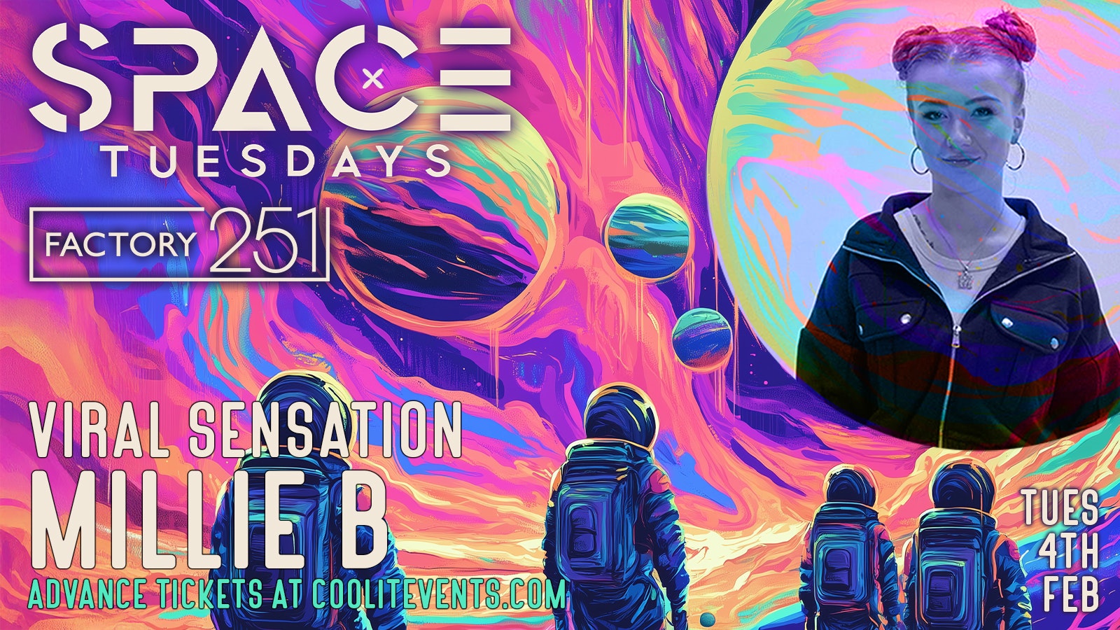 SPACE TUESDAYS 🪐👽 -MILLIE B – M TO THE 🐝! special : £2.50 DOUBLES & £1 TICKETS 🛸