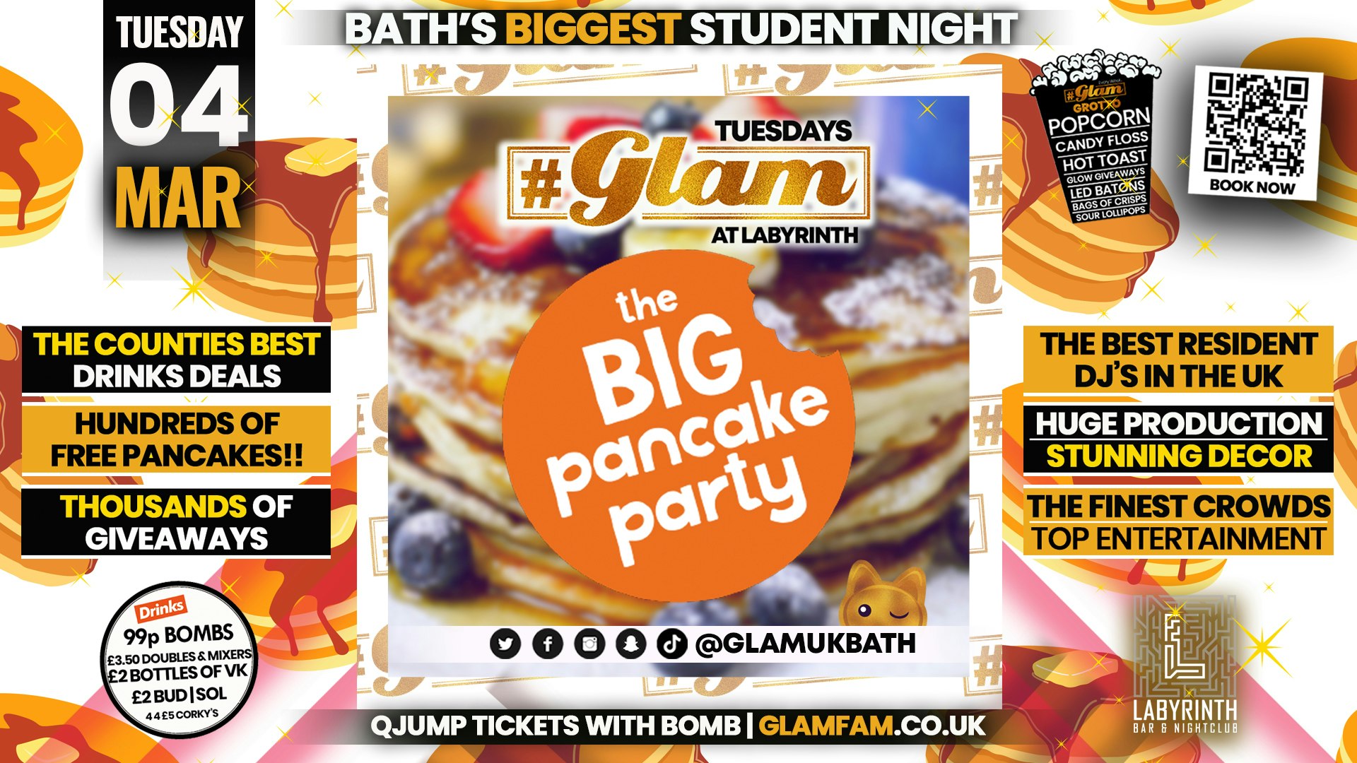 Glam 🥞 SHROVE TUESDAY PANCAKE PARTY!! 🥞Bath’s Wildest Student Night – Tuesdays at Labs