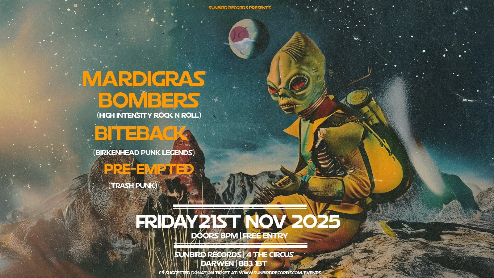 Mardigras Bombers + Biteback + Pre-Empted – Friday 21st November 2025 | Sunbird Records, Darwen