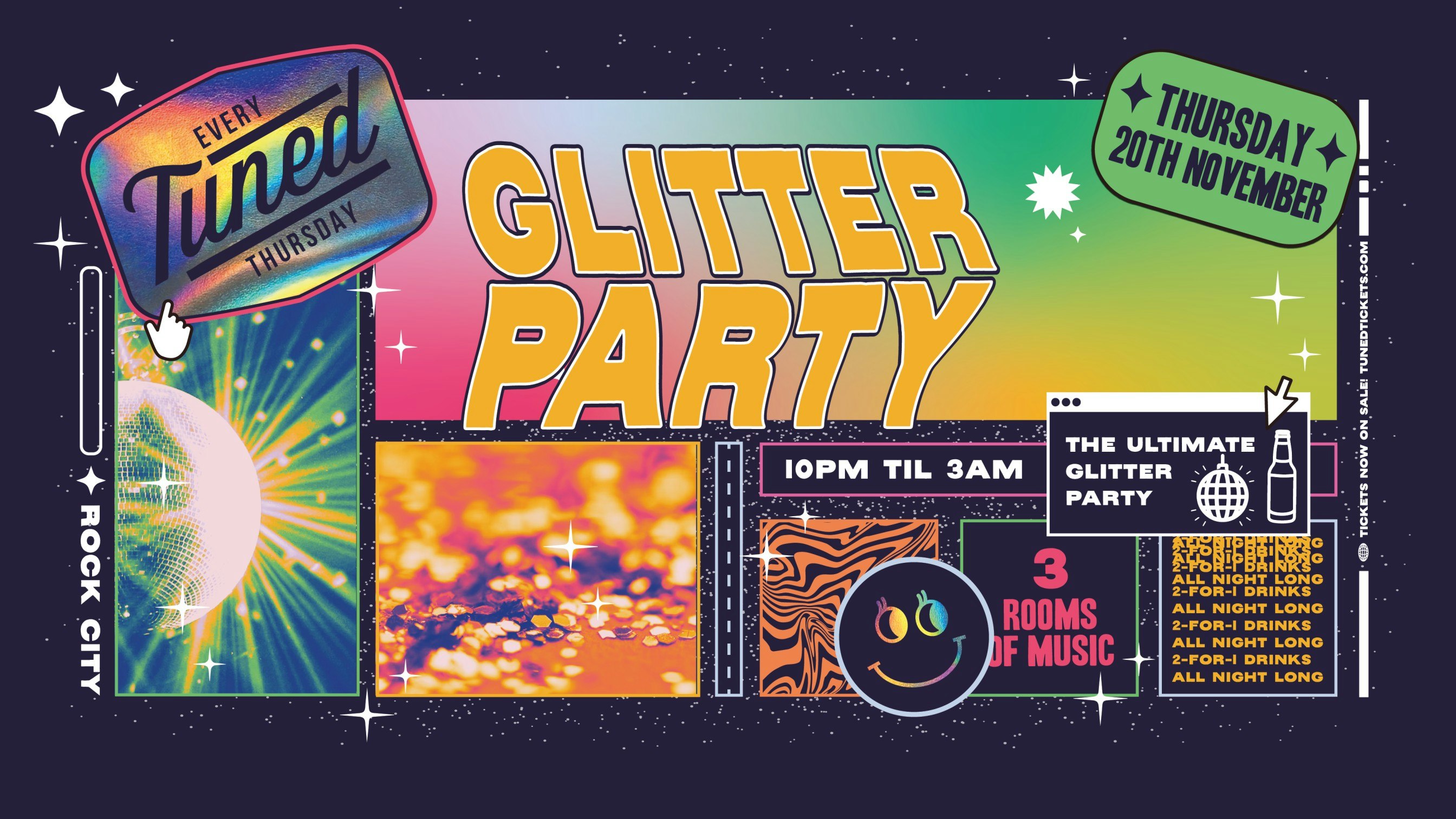 Tuned – GLITTER PARTY SPECIAL – Nottingham’s Biggest Student Night – 2-4-1 Drinks All Night Long – (inc Silent Disco In Beta Room) 20/11/25