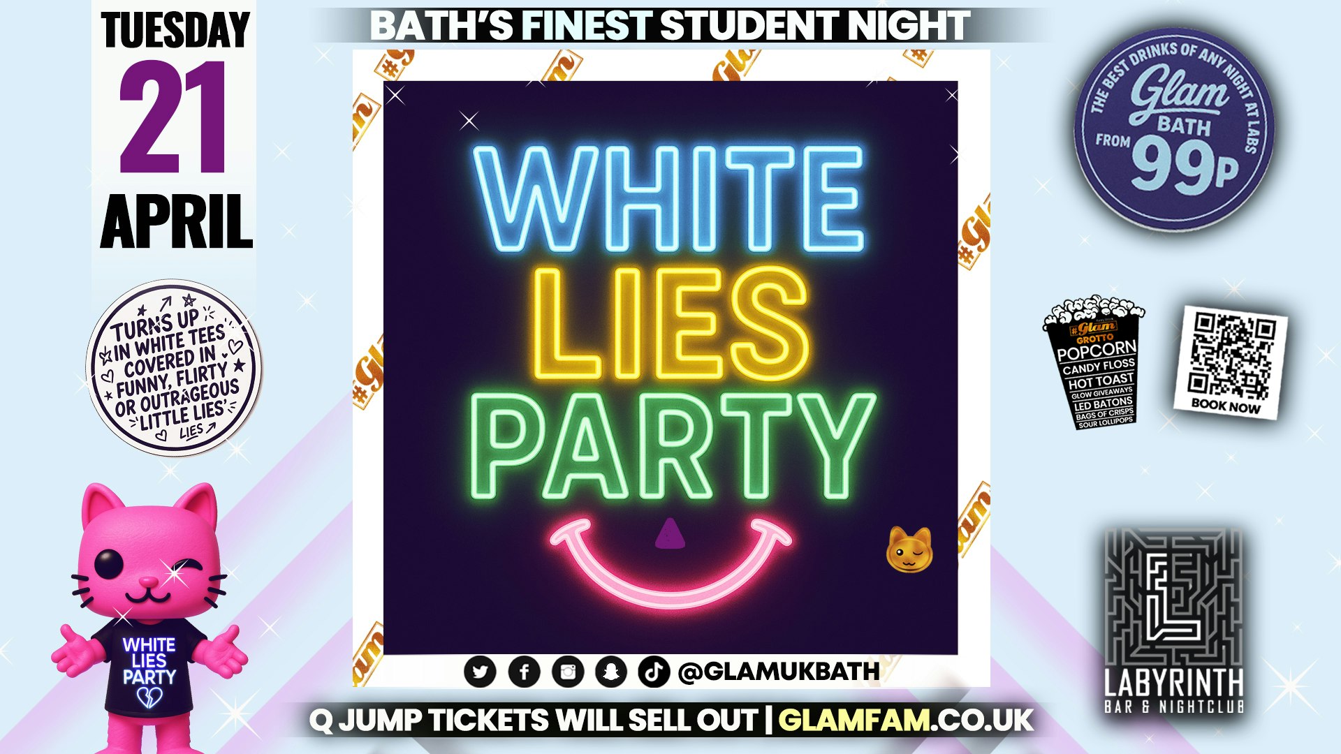 Glam – 🤍 WHITE LIES PARTY 🤍 Bath’s Wildest Student Night | Tickets and Drinks from 99p!‼️Every Tuesday at Labyrinth 😻