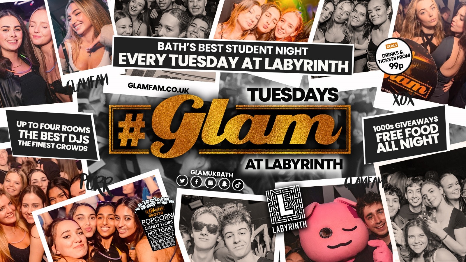 Glam – ❤️‍🔥 Bath’s Wildest Student Night | Tickets and Drinks from 99p!‼️Every Tuesday at Labyrinth 😻