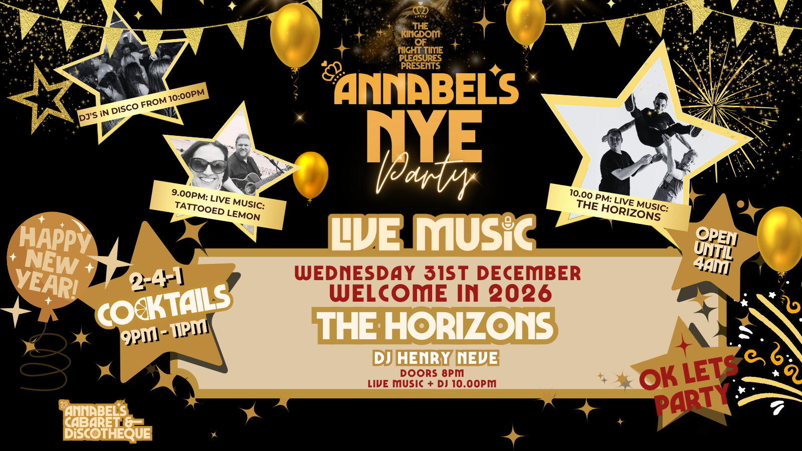 NEW YEARS EVE PARTY WITH Live Music: THE HORIZONS // Annabel’s Cabaret & Discotheque