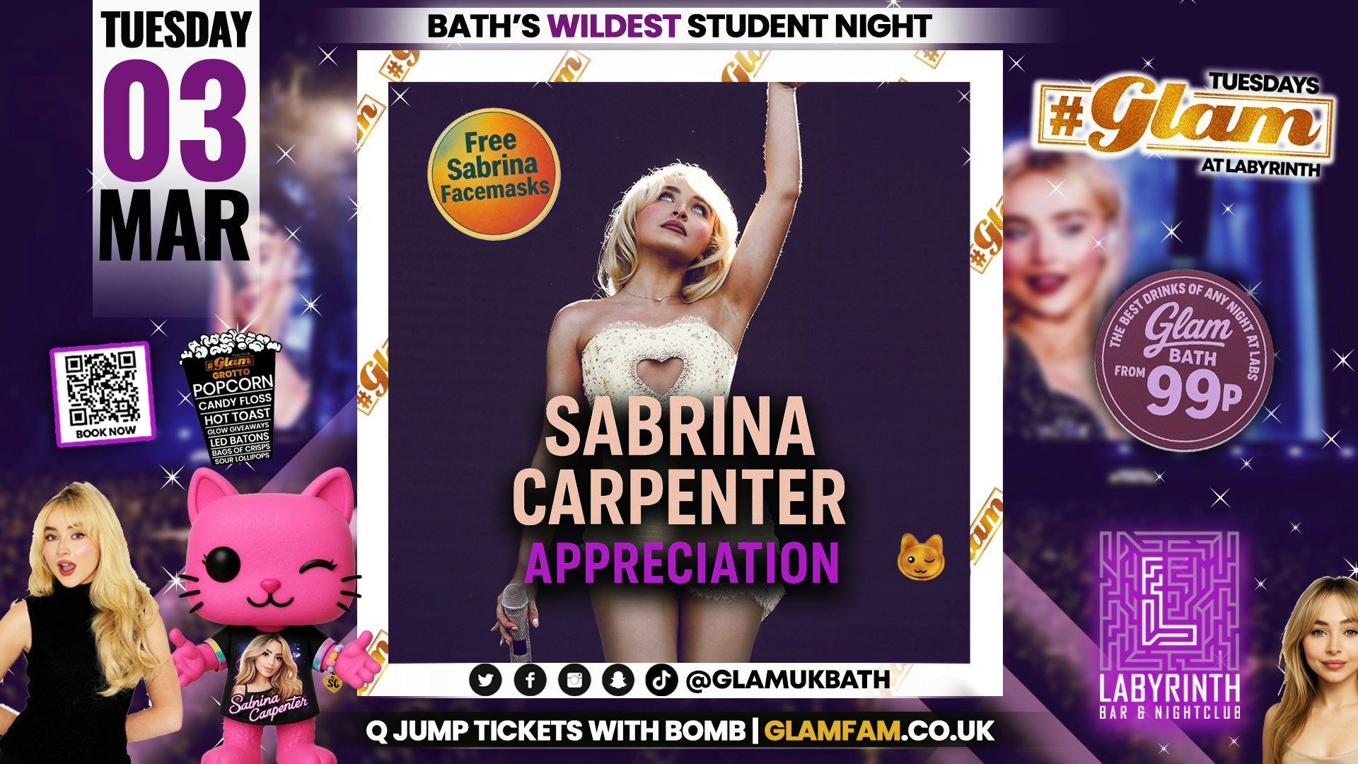 Glam – 🎤 SABRINA CARPENTER APPRECIATION 🎤 Bath’s Wildest Student Night!! | Tickets and Drinks from 99p!‼️Every Tuesday at Labyrinth 😻