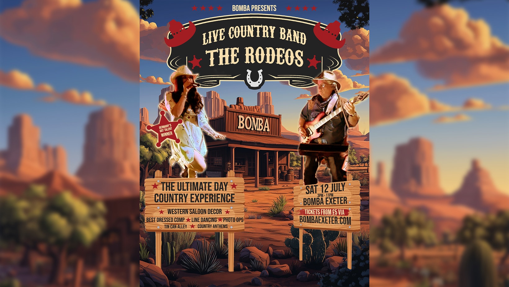 ULTIMATE COUNTRY EXPERIENCE EXETER – Live Band ‘The Rodeos’ – Sat 12 July – Bomba