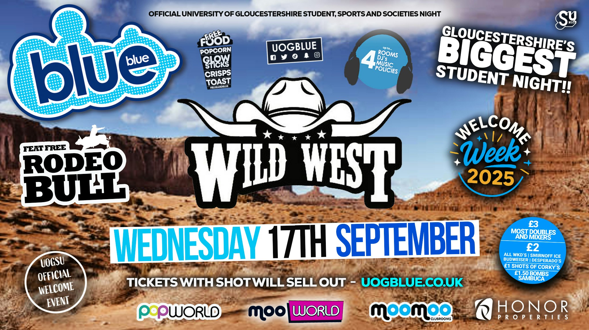 UOG OFFICIAL WELCOME WEEK – WILD WEST feat RODEO BULL! 🤠  Blue & Blue Wednesdays | Gloucestershire’s Biggest Student Night 💙