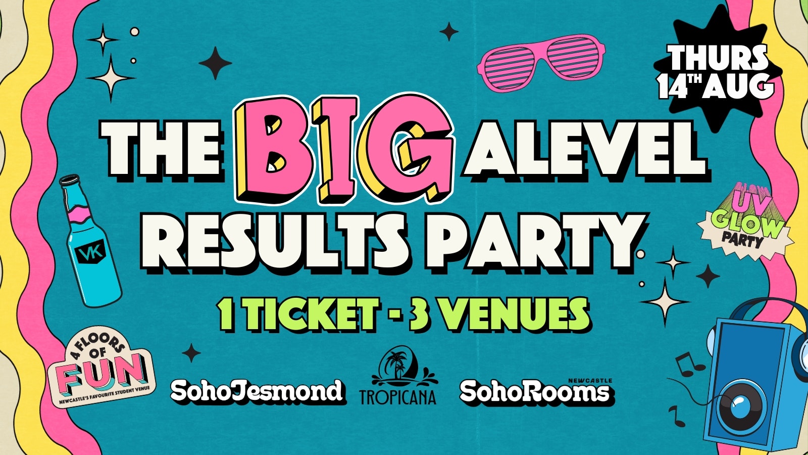 The BIG A Level Results Party | Thursday 14th August | Soho Jesmond | Tropicana | Soho Rooms | 91% Sold Out