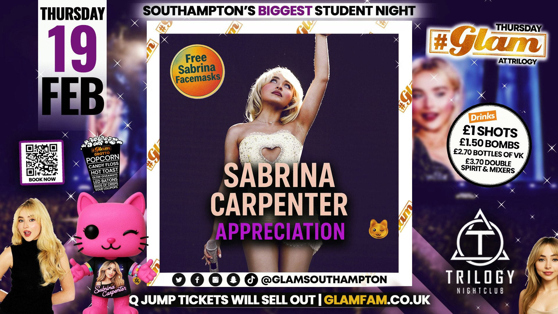 Glam Thursdays 🎤 SABRINA CARPENTER APPRECIATION 🎤 Southampton’s Best Student Night 😻 £1 Shots All Night! 🥃