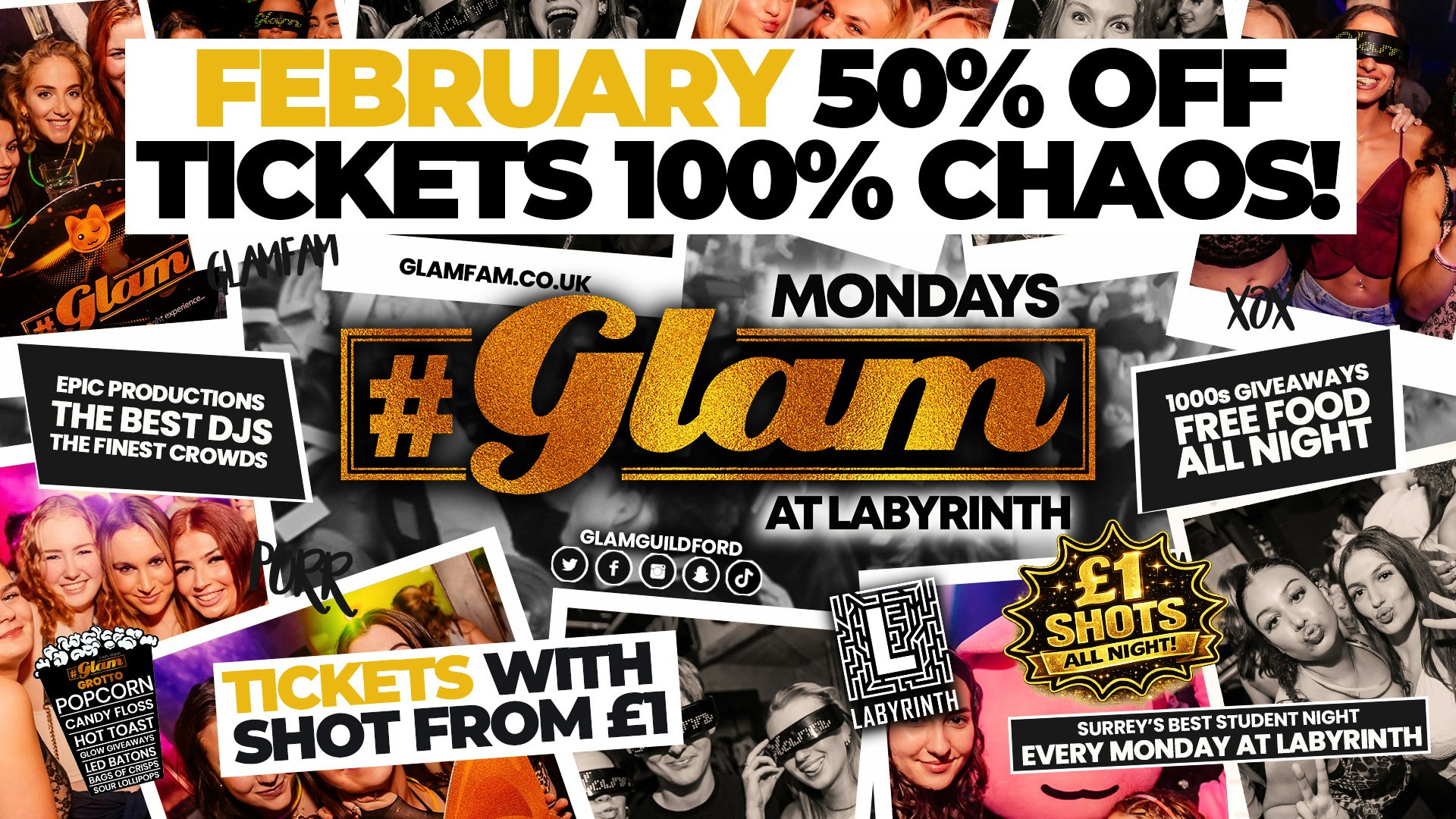😻 Glam – 🎟️FEBRUARY 50% OFF TICKETS!! 100% CHAOS!! 🎟️ Tickets from £1 with Shot! Surrey’s Biggest Monday Night! 🤩 £1 Shots ALL NIGHT! 🥃