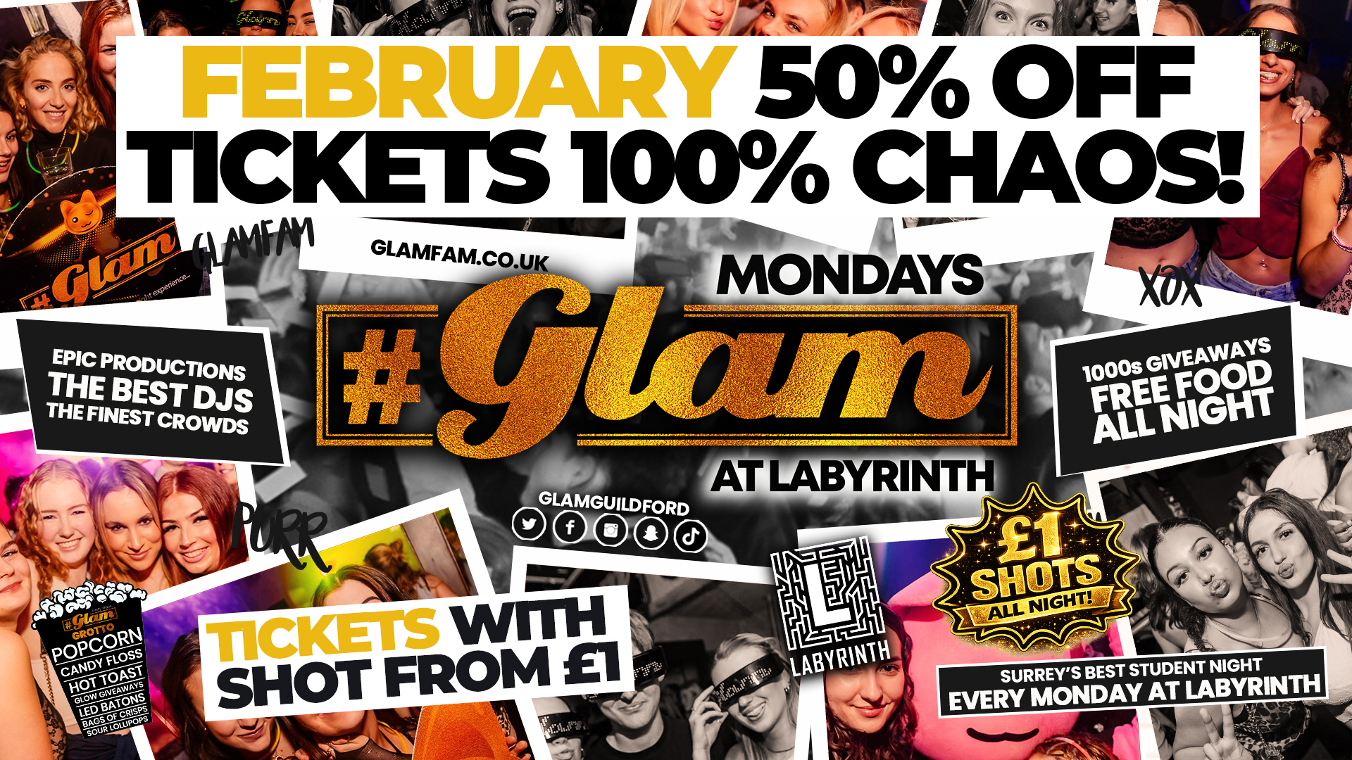 😻 Glam – 🎟️FEBRUARY 50% OFF TICKETS!! 100% CHAOS!! 🎟️ Tickets from £1 with Shot! Surrey’s Biggest Monday Night! 🤩 £1 Shots ALL NIGHT! 🥃