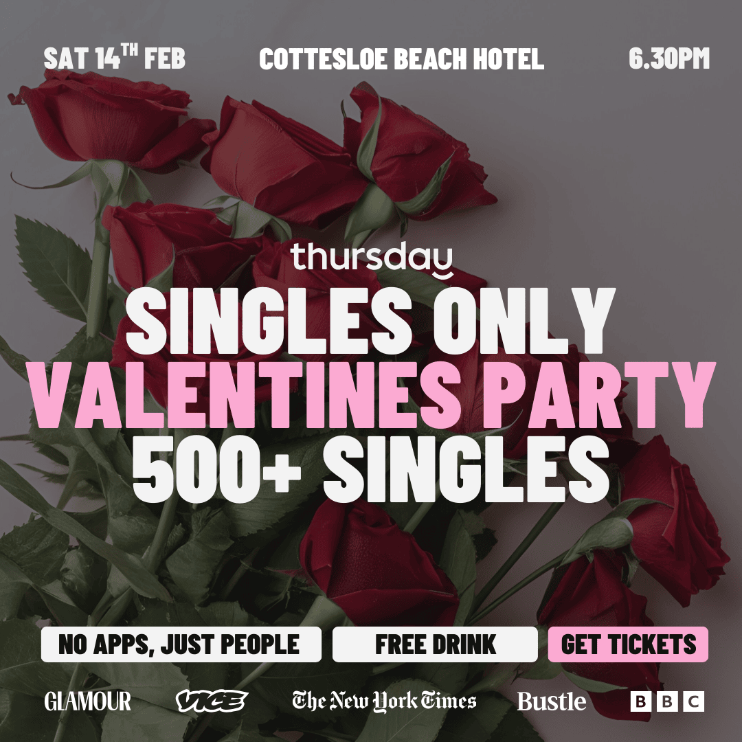 Saturday | Singles Only Valentines Day Party with FREE DRINK | The Cottesloe Beach Hotel (All Ages)