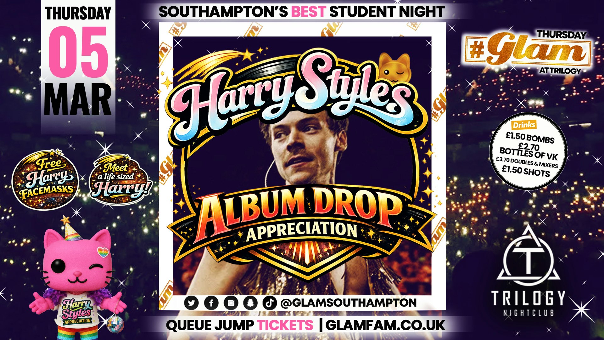Glam Thursdays 🤩 HARRY STYLE ALBUM DROP APPRECIATION! 🤩 Southampton’s Best Student Night 😻 £1 Shots All Night! 🥃