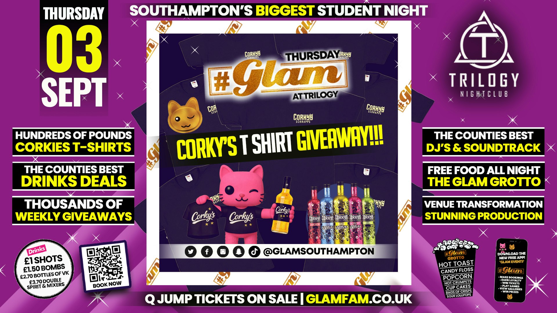 Glam Thursdays | 👕CORKYS T-SHIRT GIVEAWAY! 👕 Southampton’s Best Student Night! 😻 £1 Shots All Night! 🥃