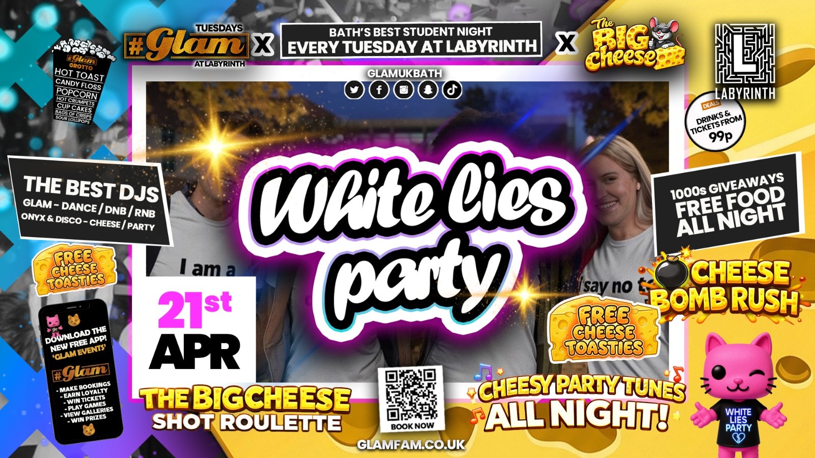 😻 Glam x The Big Cheese 🧀 – 🤍 WHITE LIES PARTY 🤍 Bath’s Wildest Student Night | Tickets and Drinks from 99p!‼️Every Tuesday at Labyrinth 😻
