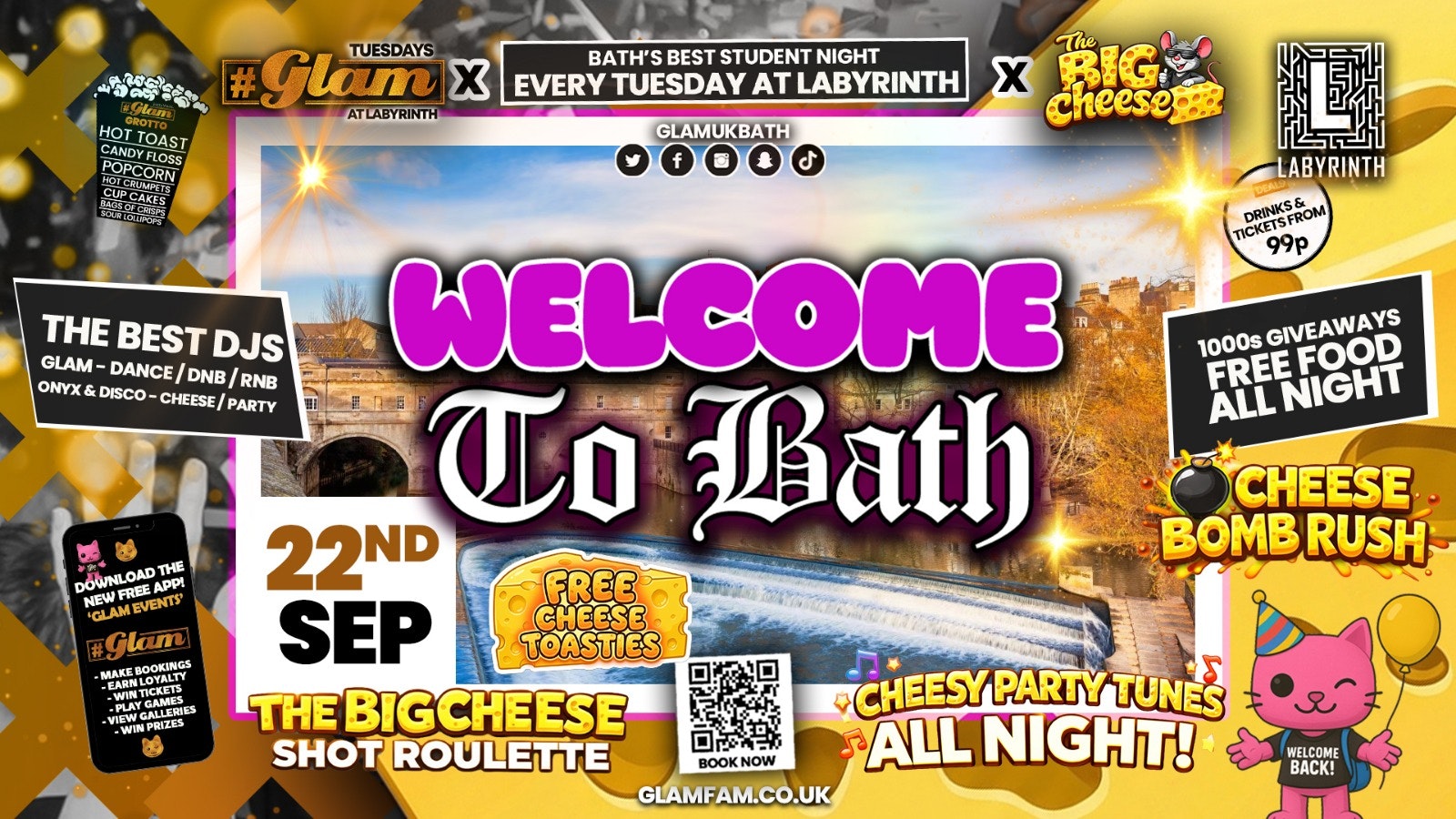 😻  GLAM x The BIG CHEESE 🧀 | FRESHERS 26 – WELCOME TO BATH 2026!! 🤩 Tickets and Drinks from 99p!‼️Every Tuesday at Labyrinth 😻