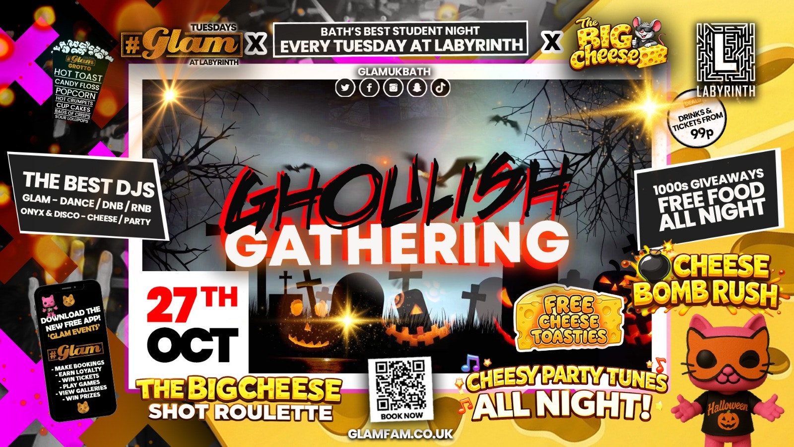 😻  GLAM x The BIG CHEESE 🧀 | 👻🧛🏻🧛🏾‍♀️🧟 HALLOWEEN 2026!! 🦇🐈‍⬛🧟‍♀️🎃 Tickets and Drinks from 99p!‼️Every Tuesday at Labyrinth 😻