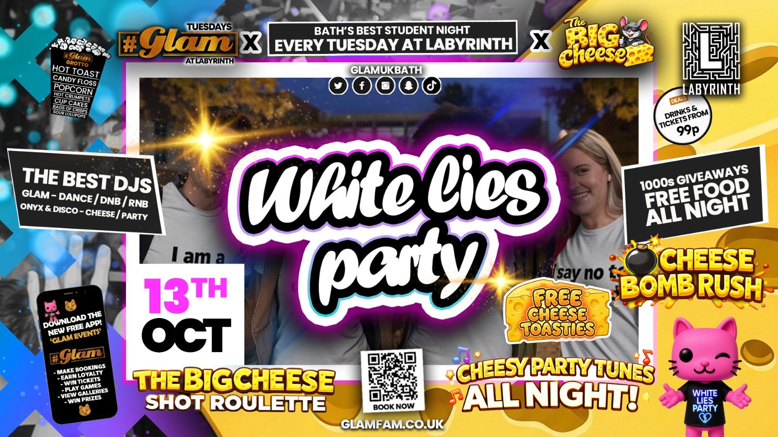 😻  GLAM x The BIG CHEESE 🙉 WHITE LIES PARTY! 🤫Tickets and Drinks from 99p!‼️