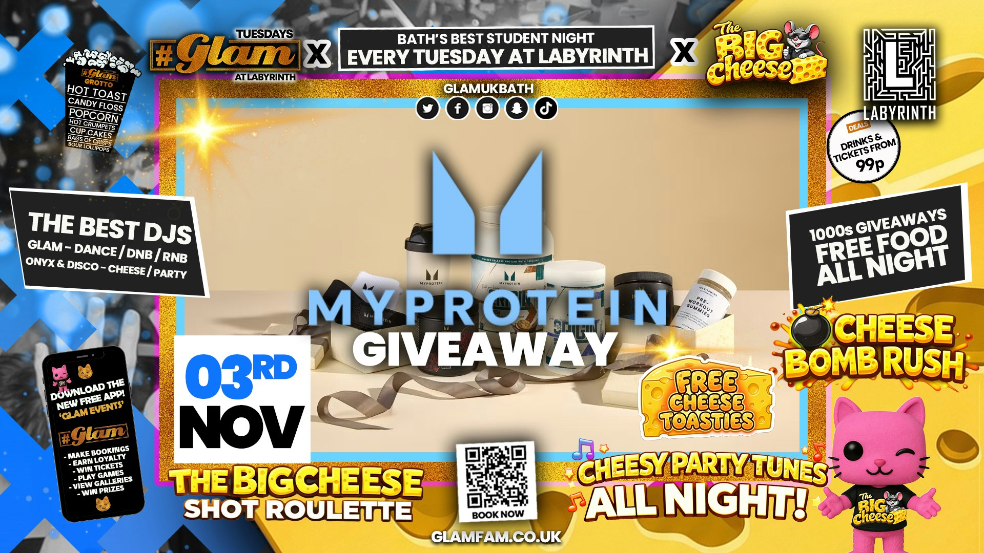 😻  GLAM x The BIG CHEESE |  MY PROTEIN GIVEAWAY! 💪💪🏼💪🏿 5 Shots for £5 and 99p Bombs! Plus Tickets and from 99p!‼️