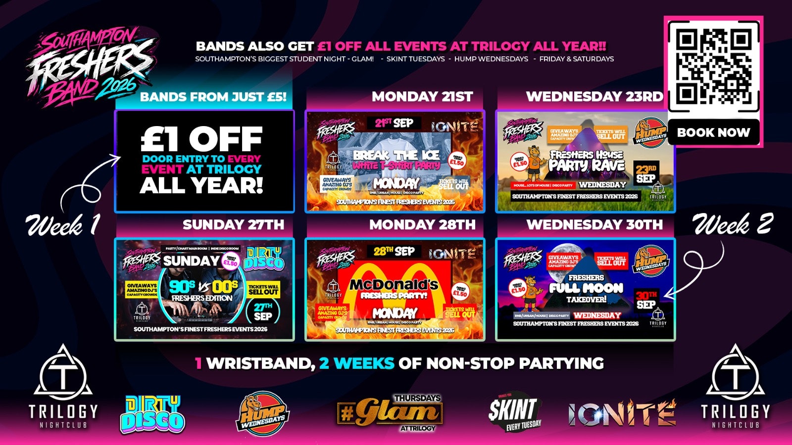 Official Trilogy Freshers Band 2026 🎓 5 Events Included! Welcome Weeks 2026! 😍 PLUS Discount to EVERY EVENT at Trilogy ALL YEAR!! 😎 Bands will SELL OUT! !💯